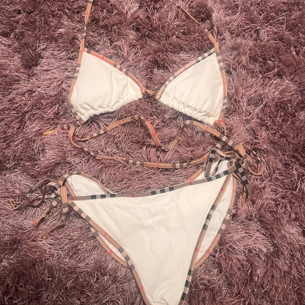 Burberry Check Trim Bikini, White